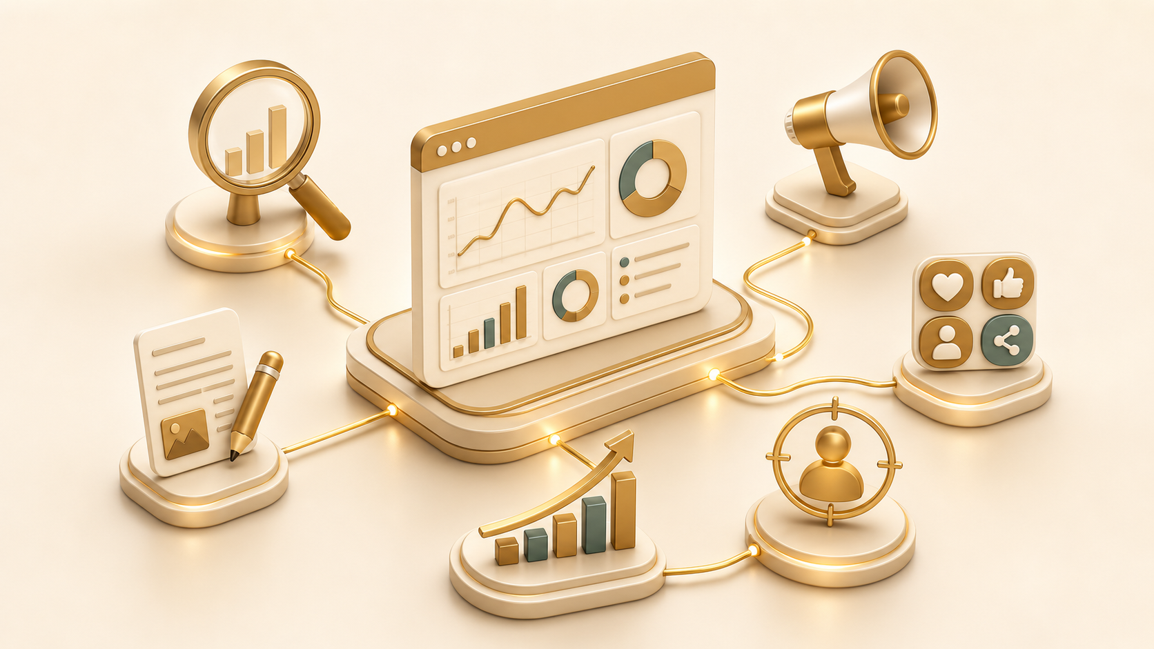 Minh họa Digital Marketing tổng thể (SEO + Ads + Content)