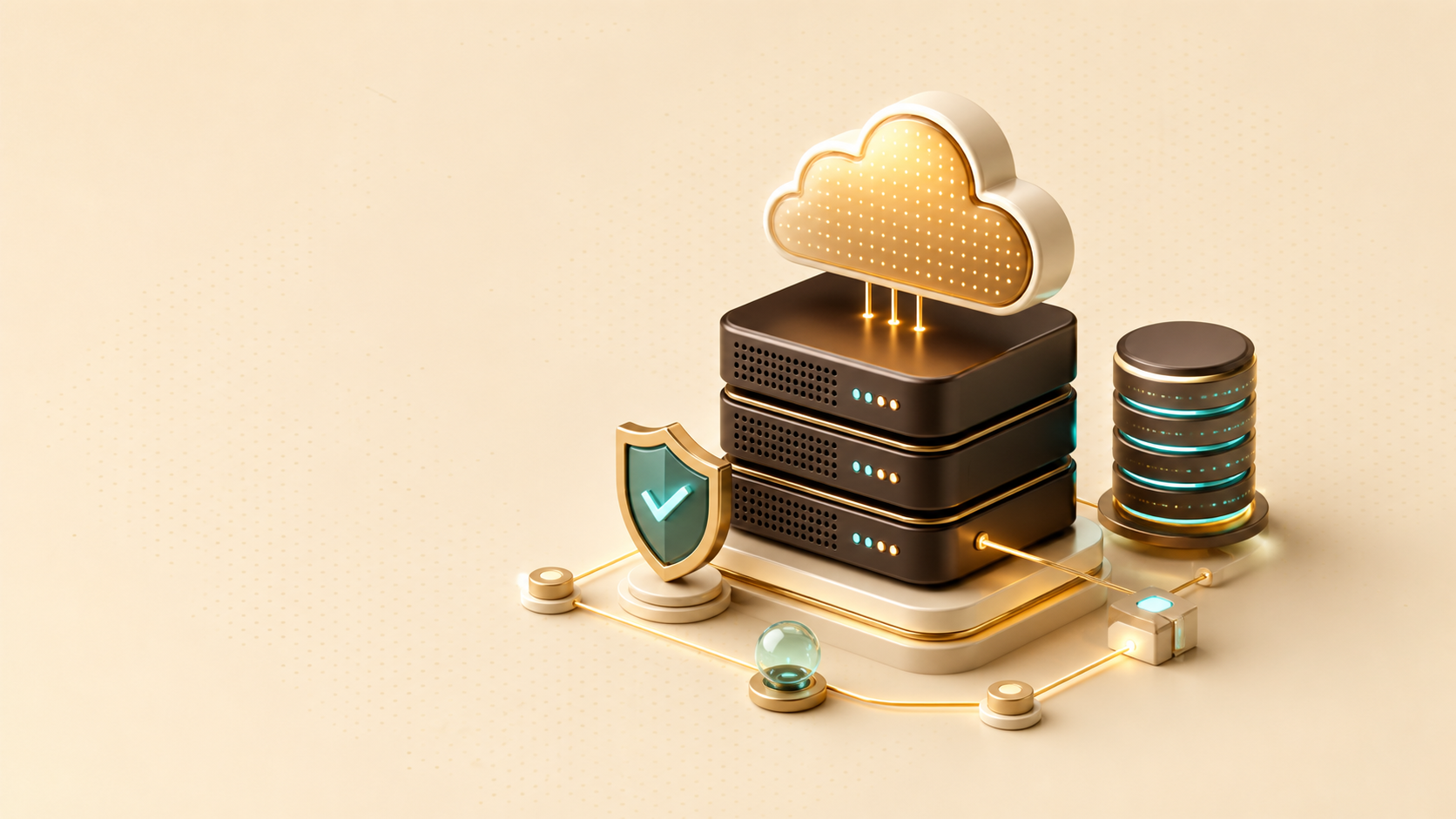 Minh họa hạ tầng web hosting với máy chủ, đám mây và lớp bảo vệ