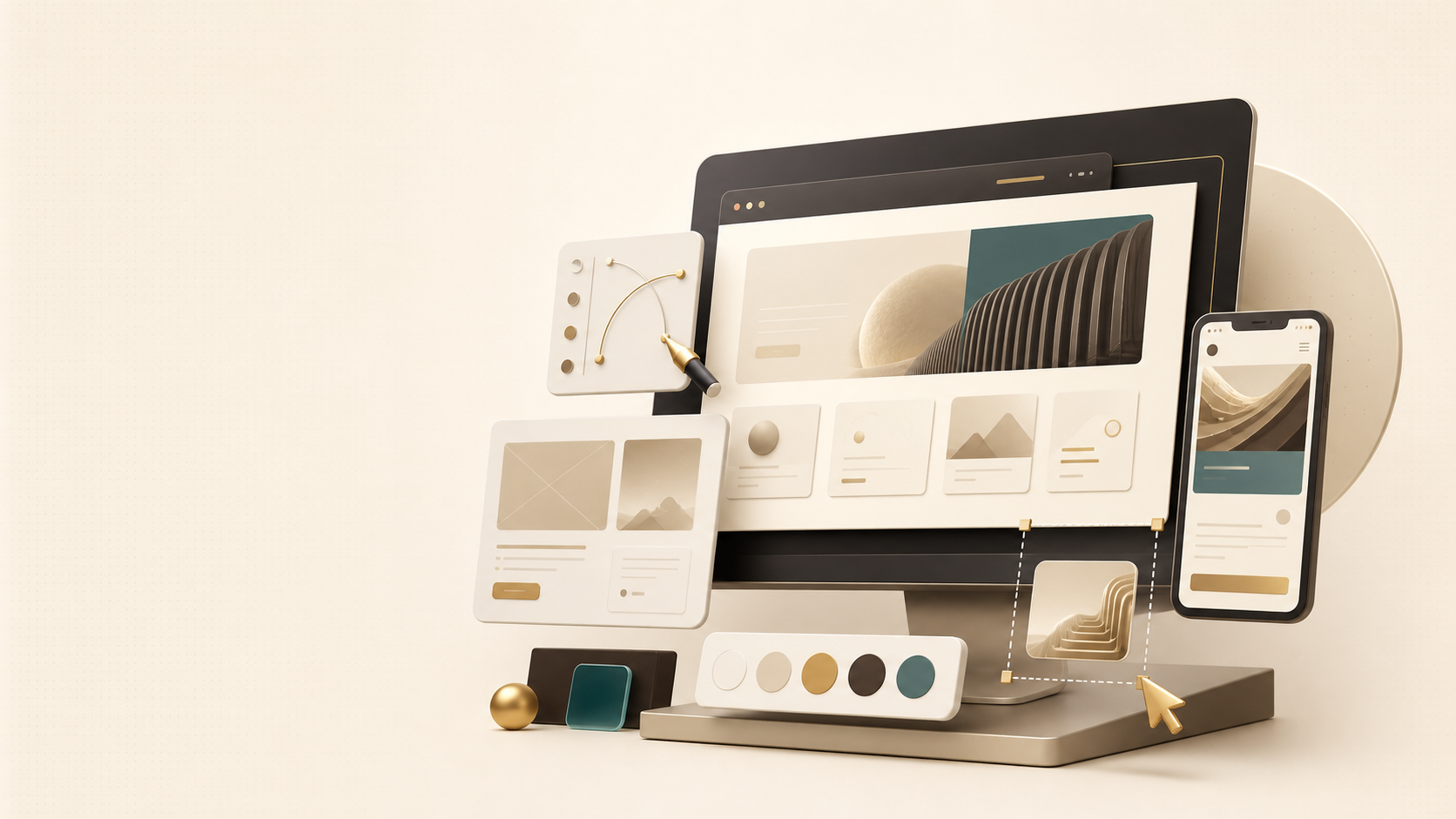 Minh họa thiết kế website đa thiết bị với bố cục giao diện và bảng màu